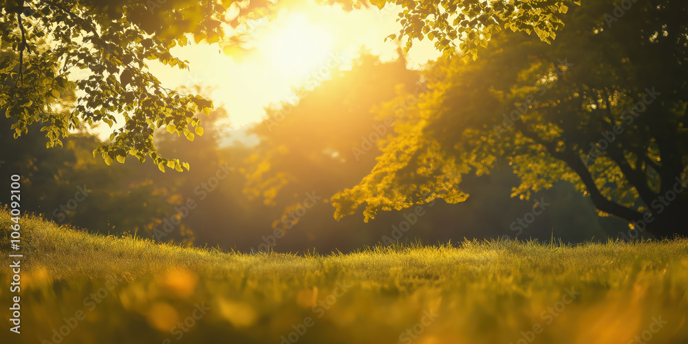 Serene morning sunshine through lush green trees and grass in a tranquil park Serene morning sunshine through lush green trees and grass in a tranquil park