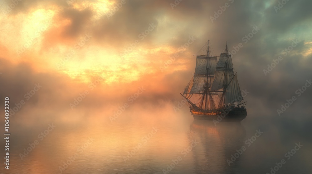 Obraz premium A lone sailing ship navigates through a dense fog on a calm sea, bathed in the warm glow of the setting sun. The clouds above are ablaze with color, creating a dramatic and ethereal scene.