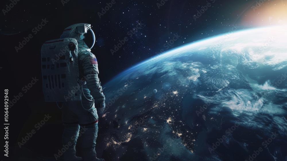 Digital artwork featuring an astronaut floating in space, marveling at Earth's splendor in the vast expanse of the universe Digital artwork featuring an astronaut floating in space, marveling at Earth's splendor in the vast expanse of the universe