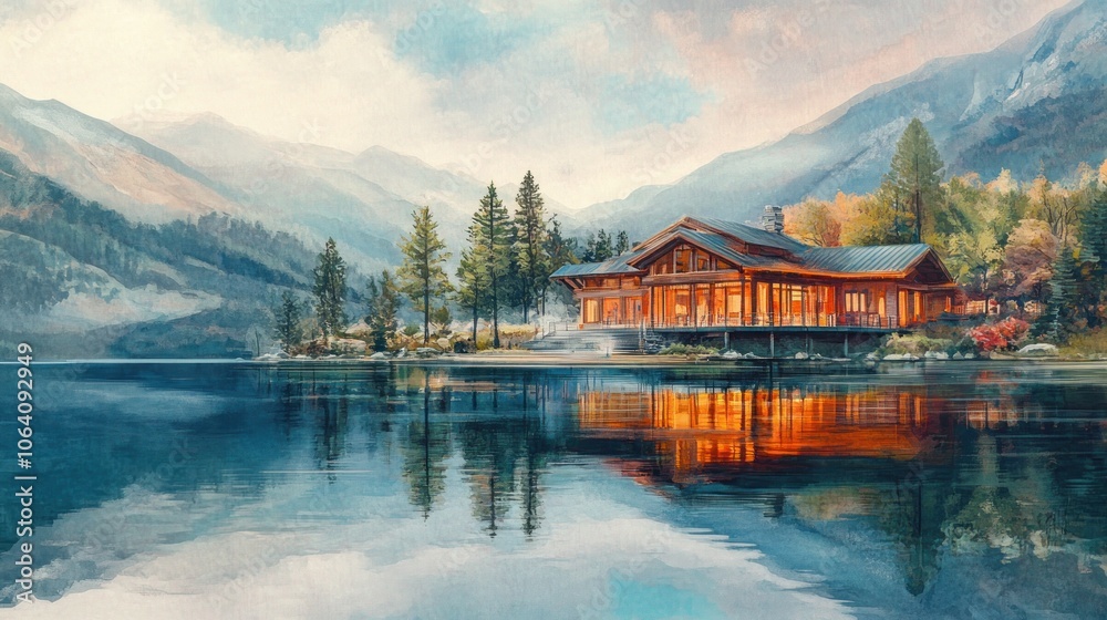 Obraz premium A rustic wooden cabin with a large window sits on a lake shore surrounded by trees and mountains in a watercolor painting style.