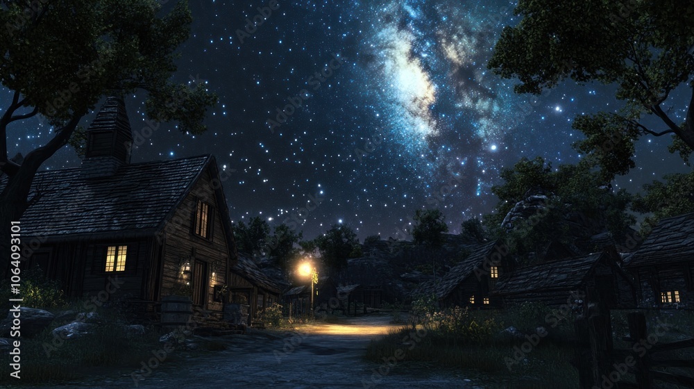 A quaint village street at night under a star-filled sky. The small wooden houses are lit by lanterns, and the Milky Way stretches across the sky. A quaint village street at night under a star-filled sky. The small wooden houses are lit by lanterns, and the Milky Way stretches across the sky.