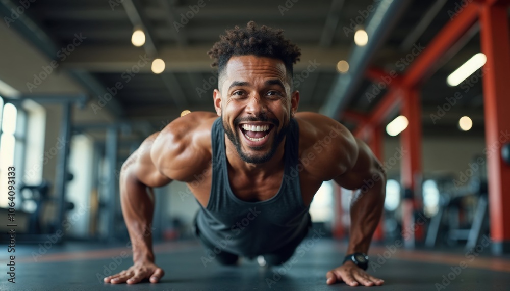 Fototapeta premium A fit man is doing push-ups in a gym, showcasing his muscular physique and vibrant smile, conveying a sense of enthusiasm and dedication to fitness