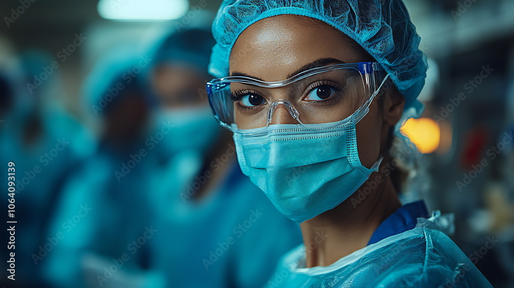 A female surgeon with dark skin, wears a surgical mask, goggles, and a cap in an operating room. A female surgeon with dark skin, wears a surgical mask, goggles, and a cap in an operating room.