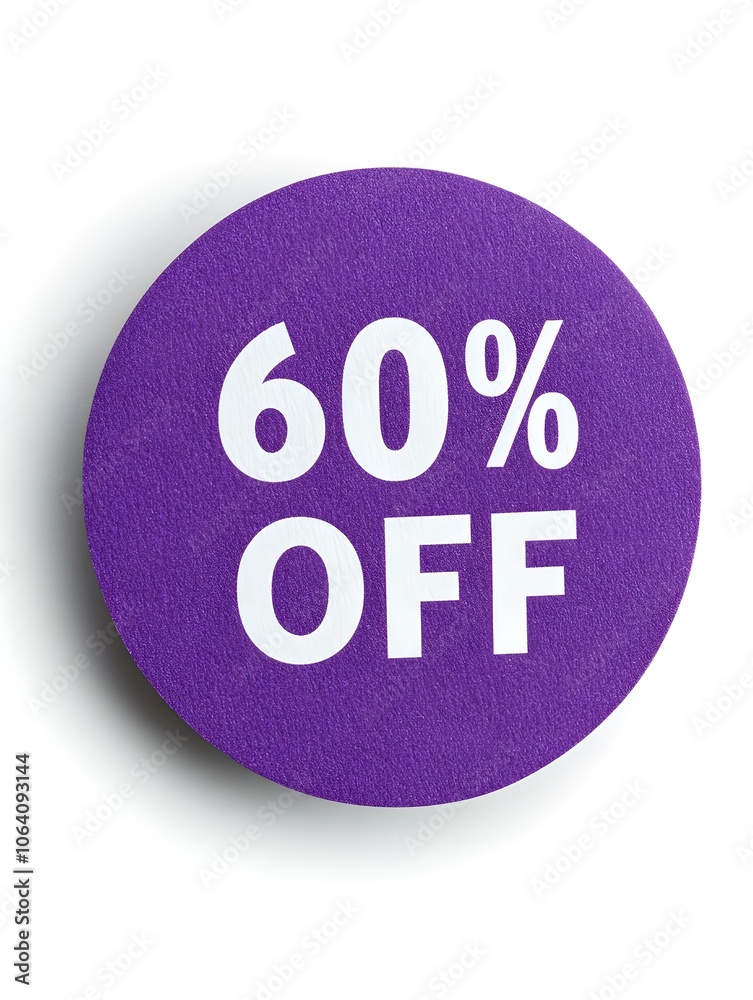White '60% OFF' Text on a Purple Round Paper Note. White Background White '60% OFF' Text on a Purple Round Paper Note. White Background