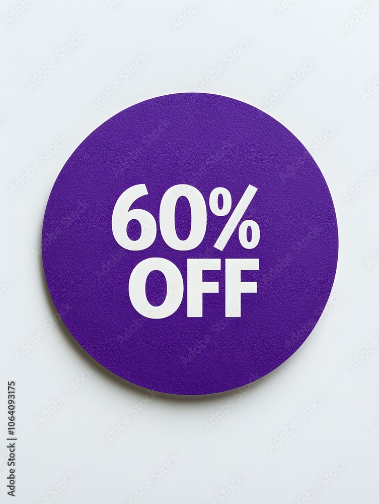 White '60% OFF' Text on a Purple Round Paper Note. White Background White '60% OFF' Text on a Purple Round Paper Note. White Background