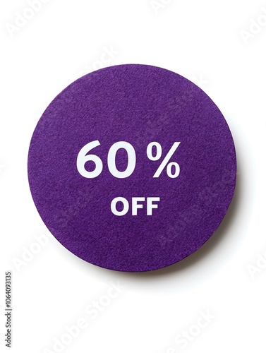 White '60% OFF' Text on a Purple Round Paper Note. White Background 