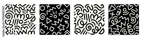 Set of trendy Memphis geometric patterns. Modern basic shapes: star, arrow, triangle, circle, heart, zigzag, spiral, wavy lines. Cool abstract background, retro 80s, 90s style. Cute kid doodle design.