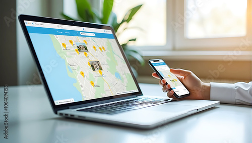 A man holding a phone with the map on it, and next to him is his laptop showing real estate images, smartphone with property listings, yellow location pins, modern workspace, house hunting