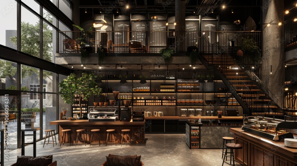 Dark-themed loft cafe interior with an open layout, displaying various coffee choices and providing a cozy atmosphere for enjoying a coffee shop setting