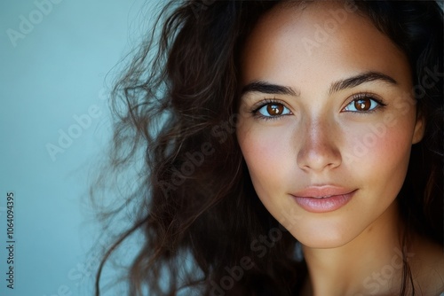 Stunning close up portrait of a beautiful hispanic woman against a simple background