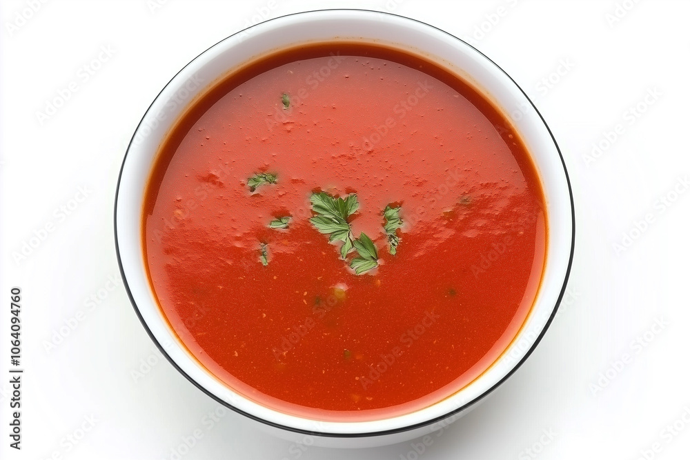 A bowl of vibrant red tomato soup garnished with fresh herbs, set against a white background. A bowl of vibrant red tomato soup garnished with fresh herbs, set against a white background.