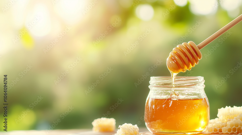 A jar of honey with a wooden honey dipper, surrounded by honeycomb pieces. The background is softly blurred with green foliage, creating a warm and natural atmosphere. A jar of honey with a wooden honey dipper, surrounded by honeycomb pieces. The background is softly blurred with green foliage, creating a warm and natural atmosphere.