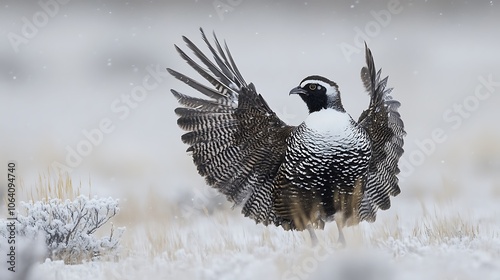 Wild Sage Grouse Showcasing Wings in Morning Prairie Light Image photo