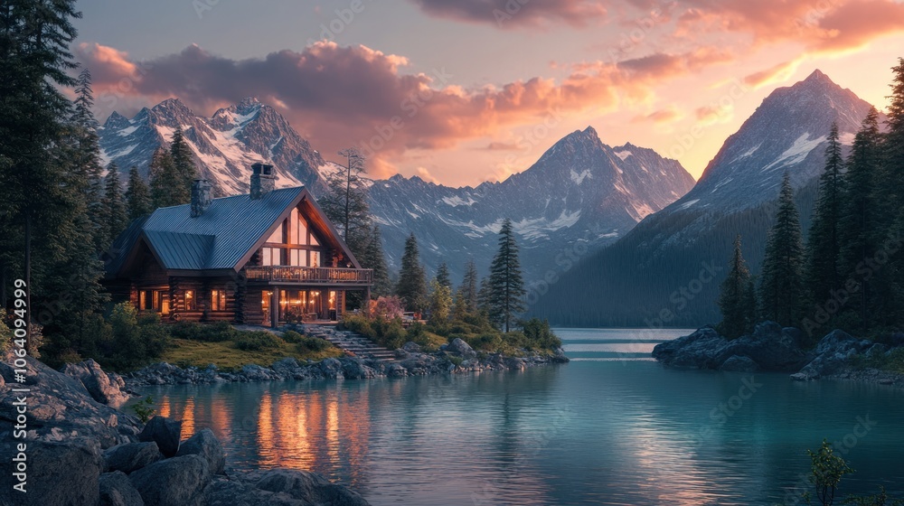 A cozy wooden cabin sits on the edge of a serene lake with snow-capped mountains in the background, lit by the warm glow of the setting sun. A cozy wooden cabin sits on the edge of a serene lake with snow-capped mountains in the background, lit by the warm glow of the setting sun.