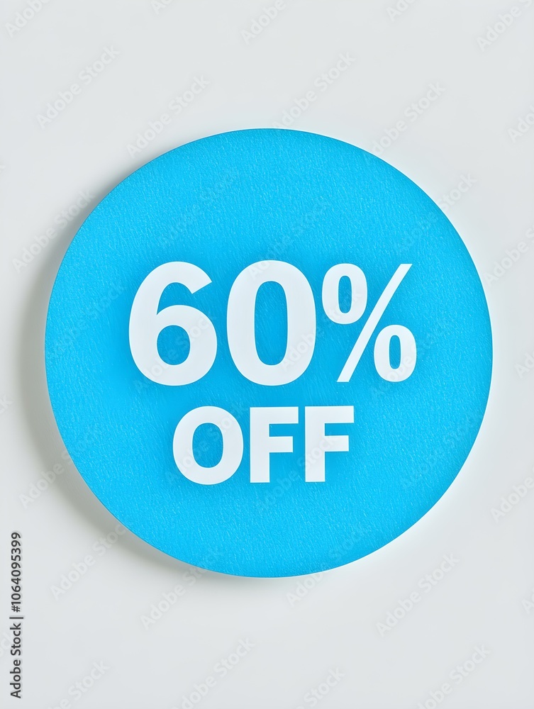 White '60% OFF' Text on a Sky Blue Round Paper Note. White Background White '60% OFF' Text on a Sky Blue Round Paper Note. White Background