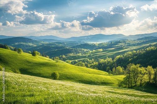 Captivating spring landscape featuring lush green rolling hills under clear blue sky