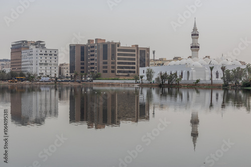 Lake Arbaeen and Jaffali Mosque in Jeddah, Saudi Arabia