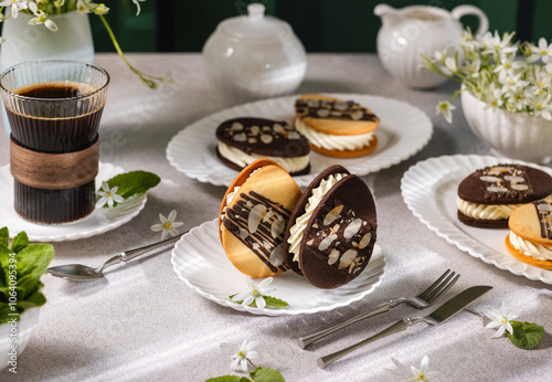 Delicious easter egg-shaped cookies with cream filling and almond flakes decorating a festive table