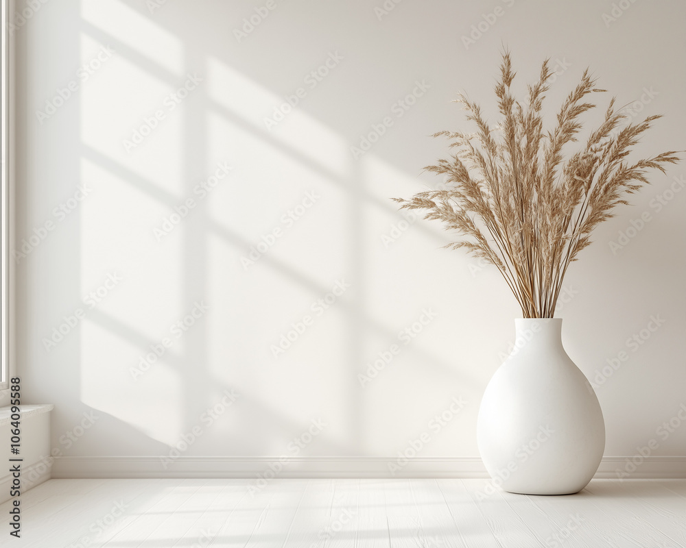 minimalist home decor scene featuring a white vase filled with dried pampas grass, minimalist home decor scene featuring a white vase filled with dried pampas grass,