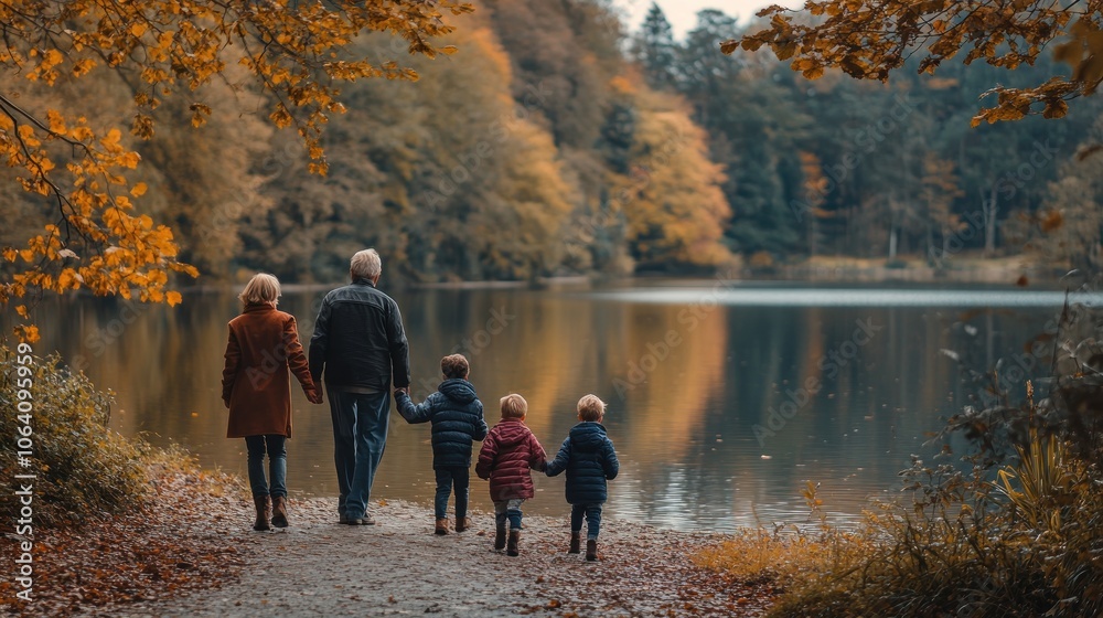 Family of four walking along lakeside path in autumn. Family of four walking along lakeside path in autumn.