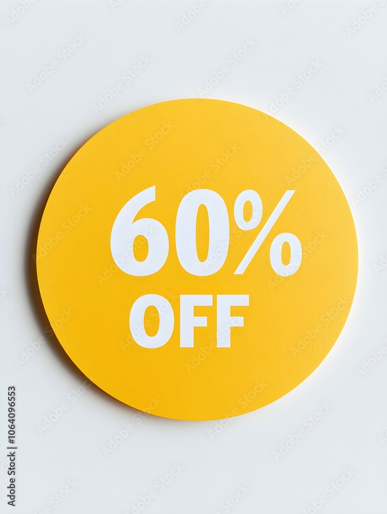 White '60% OFF' Text on a Yellow Round Paper Note. White Background White '60% OFF' Text on a Yellow Round Paper Note. White Background