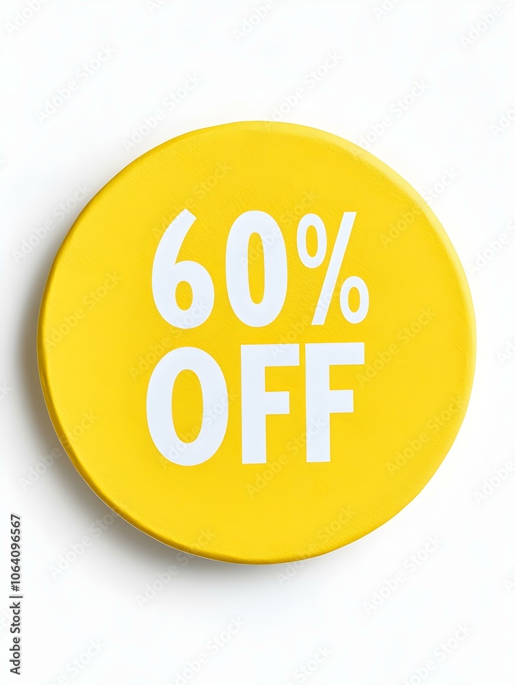 White '60% OFF' Text on a Yellow Round Paper Note. White Background White '60% OFF' Text on a Yellow Round Paper Note. White Background