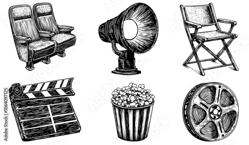 Vector illustration set of Cinema Theme. Popcorn, Film Reel, Clapperboard, Spotlight.