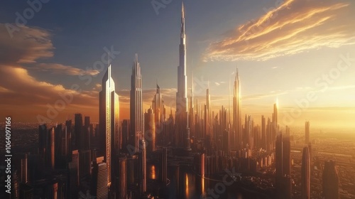 An aerial view of a futuristic city skyline at sunset with tall buildings and a dramatic sky.