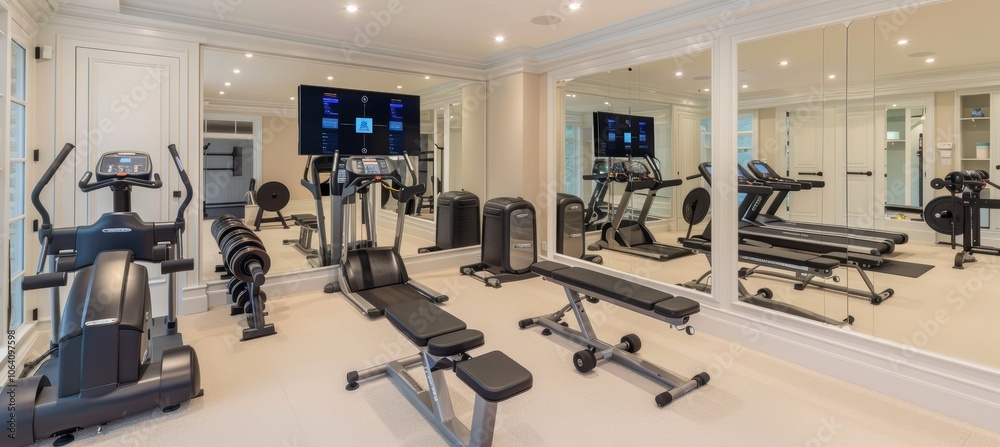 Modern Home Gym with Advanced Fitness Equipment and Digital Trainer for Serious Workouts Modern Home Gym with Advanced Fitness Equipment and Digital Trainer for Serious Workouts