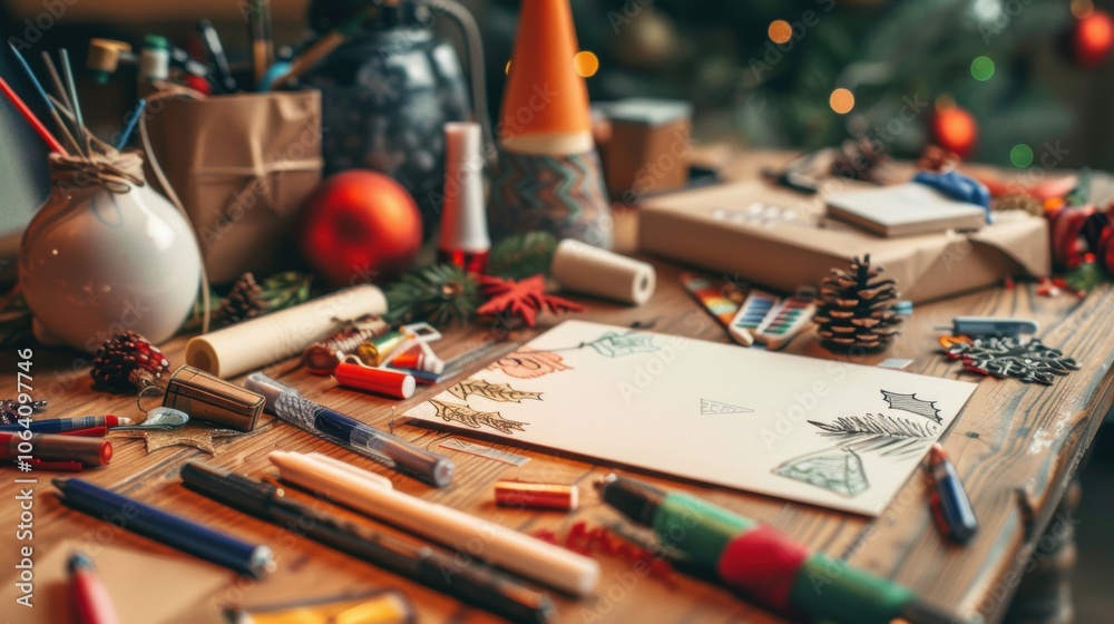 Creative Holiday Card Making Station with Festive Supplies on Wooden Table for Crafting Enthusiasts