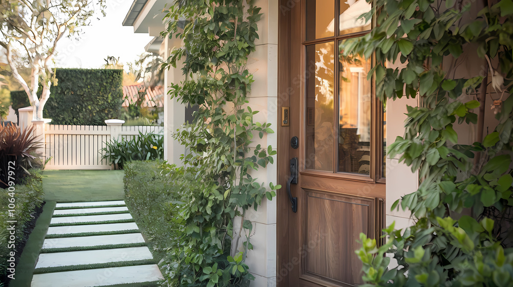 Fototapeta premium Charming entranceway with a wooden door surrounded by lush greenery and stepping stones, leading to a beautifully landscaped garden in a residential setting.