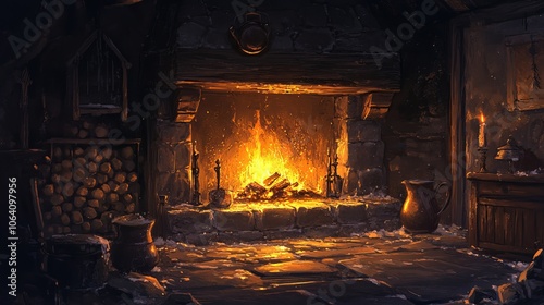 Warm orange flames leap from a fireplace in a cozy home. Stones surround the hearth, and an iron kettle hangs above.