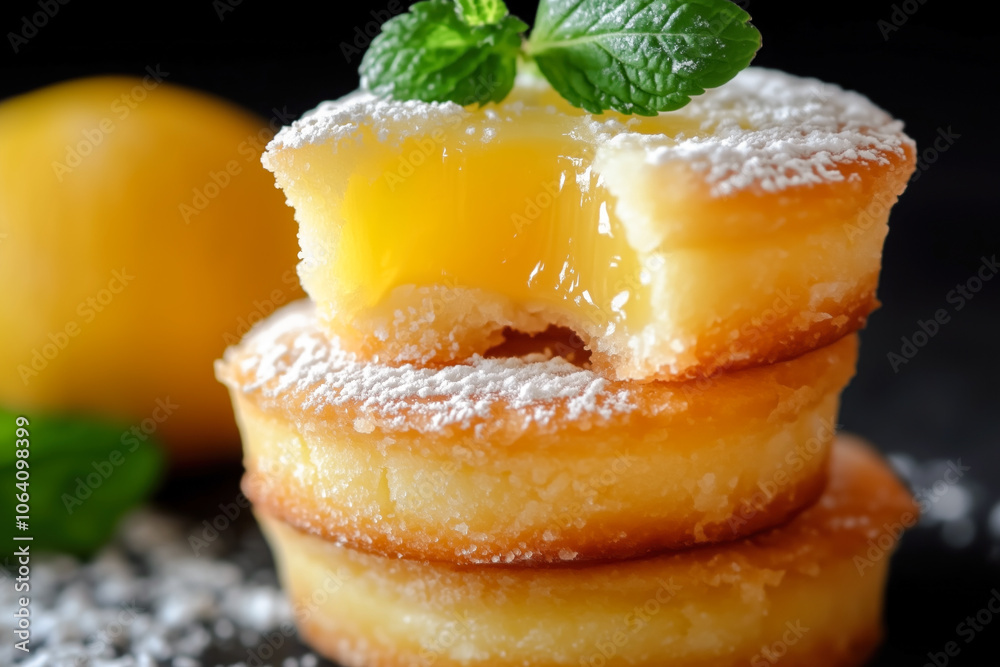 Tart of lemon topped with icing sugar and a sprig of mint Tart of lemon topped with icing sugar and a sprig of mint