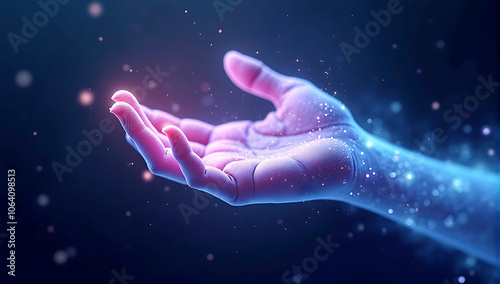 Abstract digital wave dots background with gradient color and hand shape technology concept design, Ethereal digital hand, cosmic particles, flowing energy