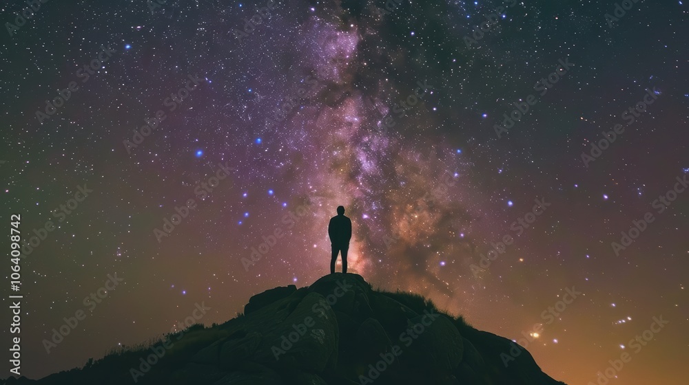 Fototapeta premium Explorer Admiring the Milky Way on Mountain Ridge Under Starry Night Sky