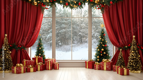 A cozy Christmas setting featuring decorated trees and wrapped presents near a large window with a snowy landscape outside.