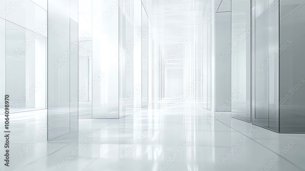 Modern glass corridor with reflective surfaces Modern glass corridor with reflective surfaces
