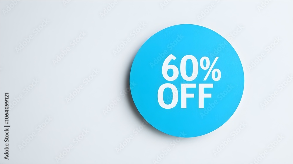 White '60% OFF' Text on a Blue Round Paper Note. White Background with Copy Space White '60% OFF' Text on a Blue Round Paper Note. White Background with Copy Space