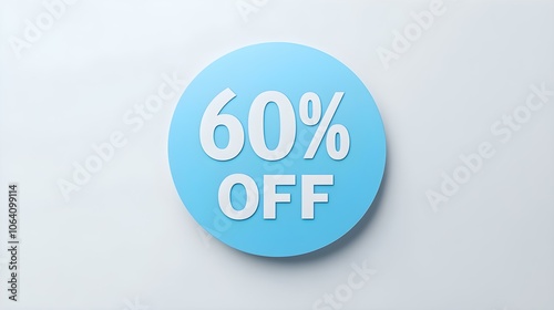 White '60% OFF' Text on a Blue Round Paper Note. White Background with Copy Space