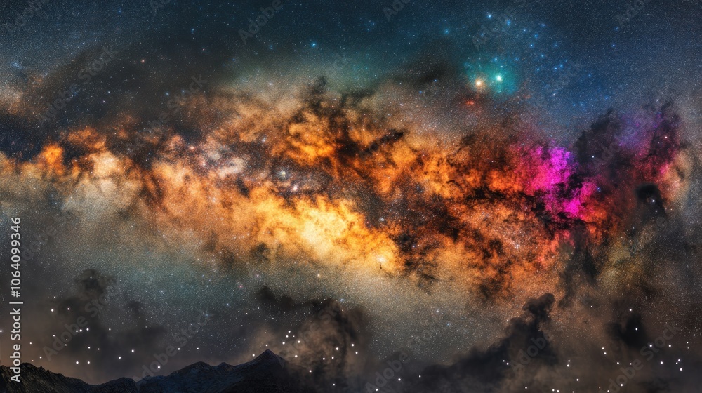 Obraz premium A breathtaking view of the Milky Way galaxy with vibrant colors and a vast expanse of stars, stretching across the night sky.