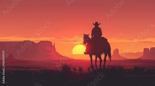 Illustration of Cowboy on horseback in america. Cowboy on horseback against beautiful sunset background