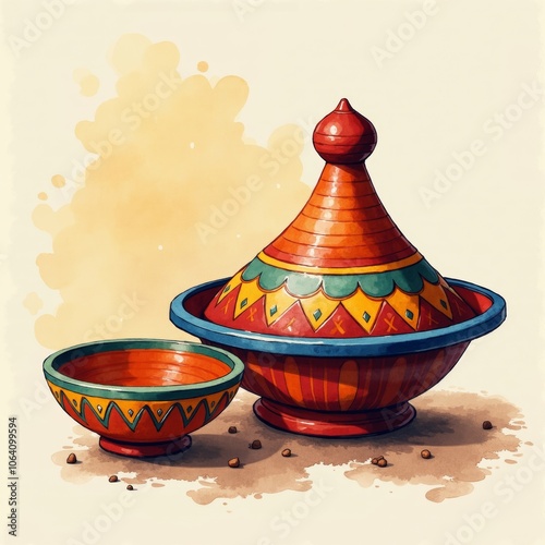 Colorful Moroccan tagine and bowl - perfect for travel blogs, ethnic cuisine websites, cultural education, and exotic cooking presentations