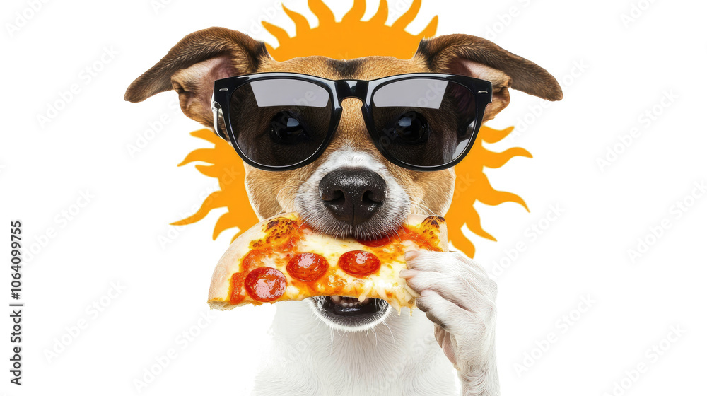 Playful Dog Enjoying Pizza in Sunglasses Under a Bright Sun Generative AI Playful Dog Enjoying Pizza in Sunglasses Under a Bright Sun Generative AI