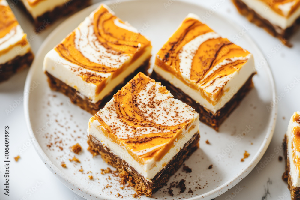 Pumpkin swirl cheesecake bars with spice dusting Pumpkin swirl cheesecake bars with spice dusting