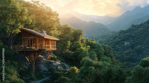 A wooden cabin perched high in the trees on a cliff overlooking a mountain range at sunset.