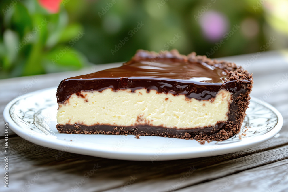 Slice of chocolate ganache cheesecake with crumb crust Slice of chocolate ganache cheesecake with crumb crust