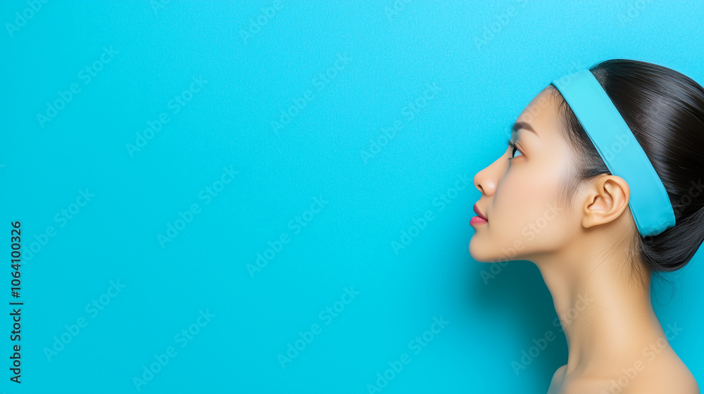 A profile view of a young woman with a sleek hairstyle and a turquoise headband, set against a vibrant turquoise background. The focus is on her elegant facial features A profile view of a young woman with a sleek hairstyle and a turquoise headband, set against a vibrant turquoise background. The focus is on her elegant facial features