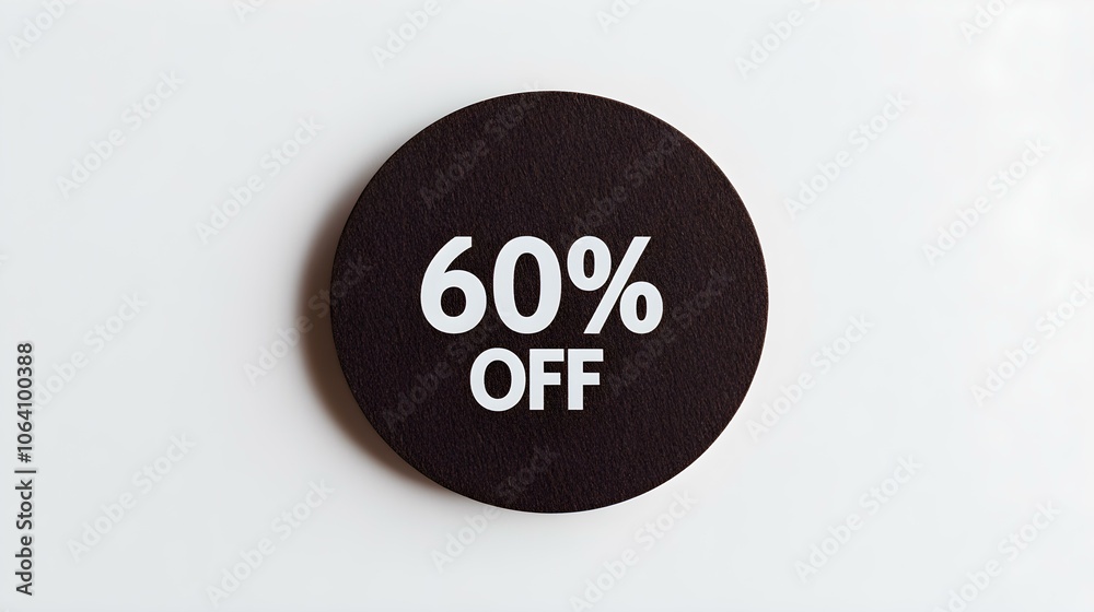 White '60% OFF' Text on a Dark Brown Round Paper Note. White Background with Copy Space White '60% OFF' Text on a Dark Brown Round Paper Note. White Background with Copy Space