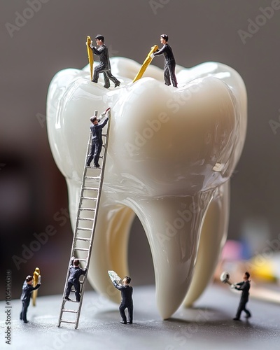 A playful scene showing tiny workers using ladders to polish a giant tooth, creatively symbolizing dental care, teamwork, and the meticulous attention to oral health required daily. photo