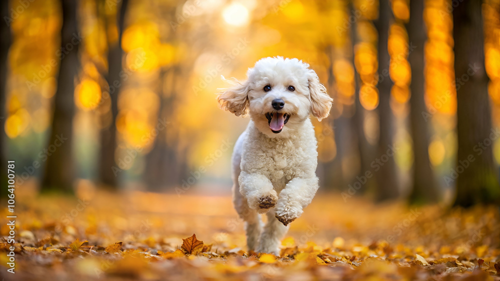A joyful dog runs through a vibrant autumn forest, surrounded by golden leaves, capturing the essence of fall and playful moments. A joyful dog runs through a vibrant autumn forest, surrounded by golden leaves, capturing the essence of fall and playful moments.